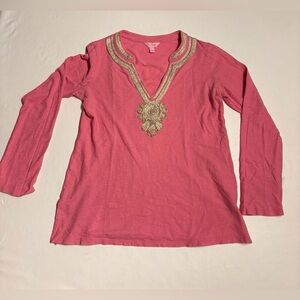 Lilly Pulitzer Hotty Pink Emerson Tunic Top with Gold Embroidery Size Large